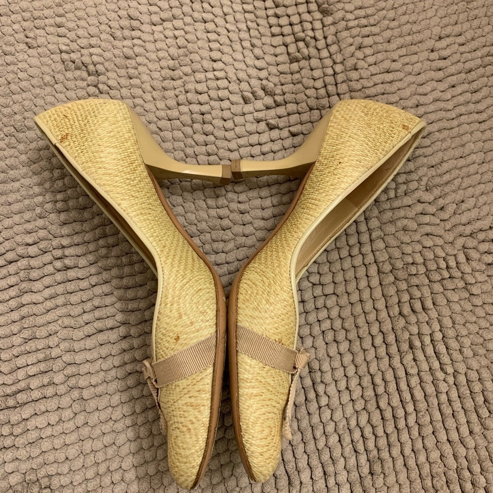 Salvatore Ferragamo Raffia Top Leather Heels Pumps with Ribbon Cream Beige 9 - Picture 9 of 16
